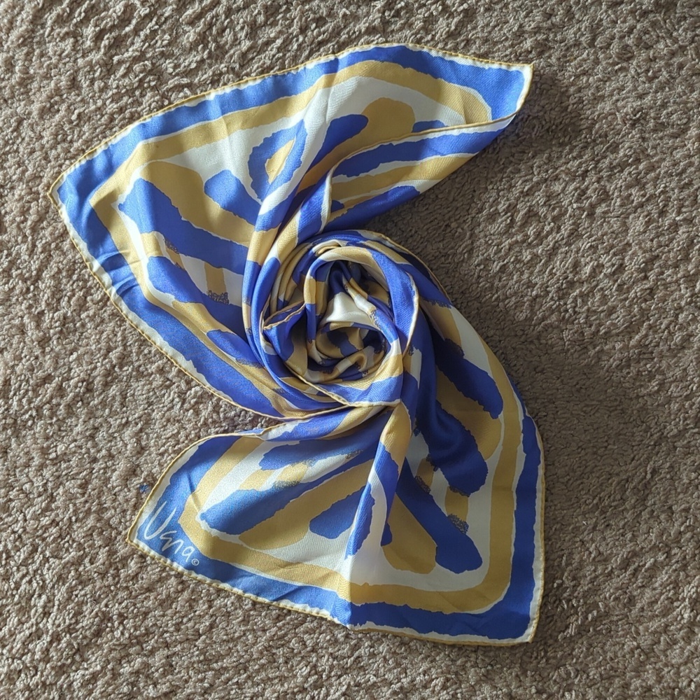 Vera Long Silk Scarf Abstract Design Blue Gold White Quiet Luxury Designer - Picture 12 of 13